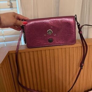 Coach Dinky Metallic Purple Pink Leather Kisslock Crystal Embellished Crossbody
